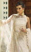-Embroidered, sequinned and pani embellished front on net with handwork -Embroidered, sequinned and pani embellished back on net -Hand embellished neckline -Sequinned net for sleeves -Pani embroidered and sequinned border for shirt front and back -Sequinned and pani embroidered finishing lace for sleeves -Jamawar Lehnga -Pani embroidered and sequinned net dupatta -Cotton silk undershirt -Drops for shirt finishing