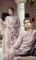 -Embroidered, sequinned and pani embellished front on net with handwork -Embroidered, sequinned and pani embellished back on net -Embroidered, sequinned and pani embellished shirt extension on net -Dyed net for sleeves -Embroidered, sequinned and pani embellished sleeves motifs -Pani embroidered and sequinned border for shirt front and back -Pani embroidered and sequinned border for front and back daman and sleeves -Sequinned and pani embroidered finishing lace -Dyed Jamawar Lehnga -Pani embroidered net dupatta -Cotton silk undershirt -Diamante studded buttons for front -Drops for shirt and dupatta finishing