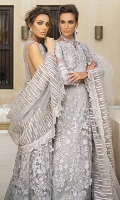 -Pani embroidered and sequinned net for front and back -Embroidered, sequinned and hand embellished net for front yoke -Dyed net for back yoke -Embroidered and sequinned daman for front and  back -Embroidered and sequinned sleeves on organza -Sequinned finishing lace -Raw silk lehenga -Cotton silk undershirt -Pani embroidered net dupatta -3D sequinned flowers -Drops for shirt finishing