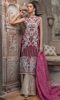 -Embroidered, sequinned, pani and hand embellished velvet for front -Embroidered velvet for back -Embroidered and pani embellished sleeves -Embroidered, sequinned and pani embsllished border for front -Embroidered and pani embellished patti for finishing -Jamawar trousers -Sequinned organza dupatta