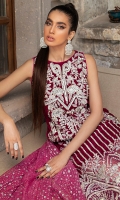 -Embroidered, sequinned, pani and hand embellished velvet for front -Embroidered velvet for back -Embroidered and pani embellished sleeves -Embroidered, sequinned and pani embsllished border for front -Embroidered and pani embellished patti for finishing -Jamawar trousers -Sequinned organza dupatta