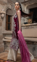 -Embroidered, sequinned, pani and hand embellished velvet for front -Embroidered velvet for back -Embroidered and pani embellished sleeves -Embroidered, sequinned and pani embsllished border for front -Embroidered and pani embellished patti for finishing -Jamawar trousers -Sequinned organza dupatta