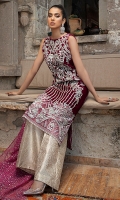 -Embroidered, sequinned, pani and hand embellished velvet for front -Embroidered velvet for back -Embroidered and pani embellished sleeves -Embroidered, sequinned and pani embsllished border for front -Embroidered and pani embellished patti for finishing -Jamawar trousers -Sequinned organza dupatta