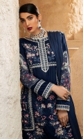 -Embroidered, pani and hand embellished velvet for front -Velvet for back and sleeves -Embroidered and pani embellished motifs for sleeves -Embroidered and pani embellished neckline -Embroidered and pani embellished patti for finishing -Raw silk trousers -Woven shawl