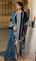 -Embroidered, sequinned, pani and hand embellished velvet for front -Embroidered, sequinned, pani and hand embellished velvet for back -Velet for sleeves -Embroidered, sequinned and pani embellished motifs for sides -Embroidered, sequinned and pani embellished border for sleeves -Embroidered, sequinned and pani embellished patti for finishing -Jamawar for trousers -Sequinned organza dupatta -Dimante studded balls for front -Kiran Lace for dupatta finishing