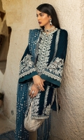 -Embroidered, sequinned, pani and hand embellished velvet for front -Embroidered, sequinned, pani and hand embellished velvet for back -Velet for sleeves -Embroidered, sequinned and pani embellished motifs for sides -Embroidered, sequinned and pani embellished border for sleeves -Embroidered, sequinned and pani embellished patti for finishing -Jamawar for trousers -Sequinned organza dupatta -Dimante studded balls for front -Kiran Lace for dupatta finishing