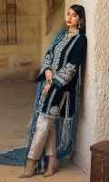 -Embroidered, sequinned, pani and hand embellished velvet for front -Embroidered, sequinned, pani and hand embellished velvet for back -Velet for sleeves -Embroidered, sequinned and pani embellished motifs for sides -Embroidered, sequinned and pani embellished border for sleeves -Embroidered, sequinned and pani embellished patti for finishing -Jamawar for trousers -Sequinned organza dupatta -Dimante studded balls for front -Kiran Lace for dupatta finishing