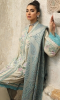 -Embroidered, pani and hand embellished Raw silk for front -Embroidered Raw silk for back -Pani embroidered rawsilk for sleeves -Embroidered and pani embellished finishing patti -Finishing lace for hemline and sleeves -Scalloped finishing lace -Raw silk trousers -Woven shawl