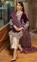 -Embroidered, sequinned, pani and hand embellished velvet for front -Velvet for back and sleeves -Embroidered, sequinned and pani embellished motifs for sleeves -Embroidered, sequinned and pani embellished motifs for sides -Embroidered, sequinned and pani embellished border -Embroidered, sequinned and pani embellished patti for finishing -Jamawar for trousers -Sequinned organa dupatta