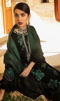 -Embroidered, sequinned, pani and hand embellished velvet for front -Embroidered, sequinned and pani embellished velvet for back -Embroidered, sequinned and pani embellished velvet for sleeves -Hand embellished neckline -Embroidered and sequinned border for front and back hemline -Raw silk trousers -Hand woven shawl