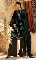 -Embroidered, sequinned, pani and hand embellished velvet for front -Embroidered, sequinned and pani embellished velvet for back -Embroidered, sequinned and pani embellished velvet for sleeves -Hand embellished neckline -Embroidered and sequinned border for front and back hemline -Raw silk trousers -Hand woven shawl