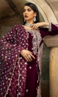 -Embroidered, sequinned, pani and hand embellished velvet for front -Velvet for back and sleeves -Embroidered, sequinned and pani embellished motifs for sleeves -Embroidered, sequinned and pani embellished motifs for sides -Embroidered, sequinned and pani embellished border -Embroidered, sequinned and pani embellished patti for finishing -Jamawar for trousers -Sequinned organa dupatta