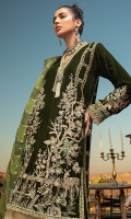 -Embroidered, sequinned, pani and hand embellished velvet for front -Embroidered, sequinned and pani embellished velvet for back -Pani embroidered and sequinned velvet for sleeves -Embroidered, pani and sequinned finishing patti for neckline and hem -Sequinned border for sleeves -Finishing lace for hemline and sleeves -Kiran lace for sleeves -Jamawar trousers -Lazer cut two tone embroidered and sequinned organza dupatta