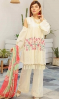 2.5 meters Embroidered Lawn shirt  0.5 Embroidered meter Printed lawn Sleeves  2.5 meters Plain trouser  2.5 meters chiffon dupatta