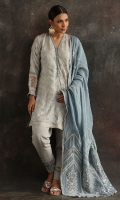 Light blue silk shirt with mirror work and hand embroidery, paired with a detailed Silk shalwar. 