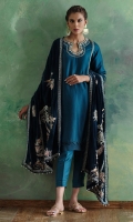 This pure silk teal ajkan kurti is hand worked in fine resham. Its comes with plain silk pants and paired with pure velvet navy blue chaddar, finely worked in resham and zardoze.