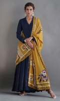 Navy blue silk kalidar with textures and delicate detailing comes with complimentary silk pencil pants and paired with our hand woven and embroidered pure saffron shawl.