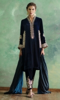 Made from luxurious sapphire-hued velvet, our pocket kurta is a floral play on geometric designs with its efflorescent zardozi motifs. Pair it with its matching silk pencil trousers, or with our fine velvet zardozi-worked shalwar.  Add our ombre crushed silk dupatta to complete the ensemble.