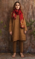 Brown khaddar kurta with pant and maroon hand embroidered scarf.