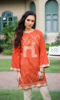 Orange Dyed Embroidered Stitched Slub Lawn Shirt - 1PC