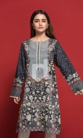 - Classic Printed Shirt  - Round Neckline with V Slit  - Lace Detailing on Neck & Sleeves