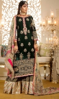 Front:Embroidered Velvet Back : Dyed Velvet Sleeves: Embroidered Velvet Pants: Dyed Jamawar Gharara Dupatta: Embroidered Net Embroideries:1)Ghera border on Velvet 2)Sleeve Border on Velvet 3)Neckline 4)Sleeve Patches (2) 5)Silk Border for Dupatta