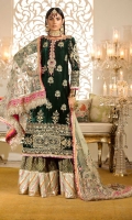 Front:Embroidered Velvet Back : Dyed Velvet Sleeves: Embroidered Velvet Pants: Dyed Jamawar Gharara Dupatta: Embroidered Net Embroideries:1)Ghera border on Velvet 2)Sleeve Border on Velvet 3)Neckline 4)Sleeve Patches (2) 5)Silk Border for Dupatta