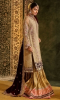 Front:Embroidered Pure Organza Front Panel Embroidered Pure Organza Side Panel(2) Back : Embroidered Pure Organza Sleeves: Dyed Pure Organza Pants: Dyed Jamawar Gharara Dupatta: Embroidered Velvet Shawl Embroideries: 1)Front Ghera border on Velvet 2)Back Ghera Border on Velvet 3)Sleeve Border on Velvet 4)Neckline on Velvet 5)Sleeve Patches (2) 6)Pallu Border for shawl