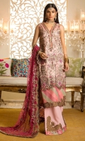 Front:Embroidered Massori Back : Embroidered Massori Sleeves: Embroidered Massori Panels:Dyed Massori Pants: Dyed Raw Silk Dupatta: Dyed Embroidered Net Embroideries: 1)Ghera border for front 2)Neck Patti 3)Sleeve Borders (2)