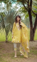 Front: 1.20m Embroidered Lawn ,  Back : 1.20m Embroidered Lawn  Sleeves: 0.6m Embroidered Lawn Pants: 2.5m Digital printed Cambric  Dupatta: 2.5m Tissue Silk Digital Printed  Embroidries: Neckline Organza Patch Sleeves Orgnanza Embroidered Border