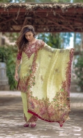 Front: 1.20m Digital Printed Lawn ,  Back : 1.20m Digital Printed Lawn  Sleeves: 0.6m Digital Printed Lawn Pants: 2.5m Dyed Cambric  Dupatta: 2.5m Digital Tissue Silk  Embroidries: Neckline 2 Trouser Patches