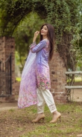 Front: 1.20m Digital Printed Lawn ,  Back : 1.20m Digital Printed Lawn  Sleeves: 0.6m Digital Printed Lawn Pants: 2.5m Texture Cambric  Dupatta: 2.5m Pure Crinkle Chiffon Digital Printed  Embroidries: Neckline Trouser Patti