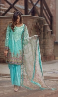 Front: 1.20m Digital Printed Lawn  Back : 1.20m Digital Printed Lawn  Sleeves: 0.6 m Embroidered Organza  Pants: 2.5m Dyed Cambric Dupatta: 2.5m Pure Crinkle Chiffon Digital Printed  Embroidries: Neckline