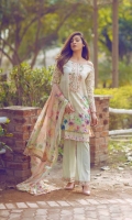 Front: 1.20m Digital Printed Lawn  Back : 1.20m Digital Printed Lawn  Sleeves: 0.6m Embroidered Net Pants: 2.5m Dyed Cambric  Dupatta: 2.5m Pure Crinkle Chiffon Digital Printed  Embroidries: Neckline Trouser Patti