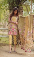 Front: 1.20m Digital Printed Lawn  Back : 1.20m Digital Printed Lawn  Sleeves: 0.6 Embroidered Organza  Pants: 2.5m Dyed Cambric Dupatta: 2.5m Digital Printed Tissue Silk  Embroidries: Neckline Patti