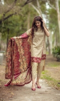 Front: 1.20m Embroidered Lawn  Back : 1.20m Embroidered Lawn  Sleeves: 0.6m Embroidered Lawn  Border: Lawn Digital printed for Front Back and Sleeves  Pants: 2.5m Dyed Cambric Dupatta: 2.5m Tissue Silk Digital Printed  Embroidries: Trouser Patti