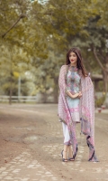 Front: 1.20m Digital Printed Lawn  Back : 1.20m Digital Printed Lawn  Sleeves: 0.6m Digital Printed Lawn Pants: 2.5m Dyed Cambric  Dupatta: 2.5m Pure Crinkle Chiffon Digital Printed  Embroidries: Neckline 2 Trouser Motifs