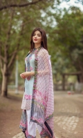 Front: 1.20m Digital Printed Lawn  Back : 1.20m Digital Printed Lawn  Sleeves: 0.6m Digital Printed Lawn Pants: 2.5m Dyed Cambric  Dupatta: 2.5m Pure Crinkle Chiffon Digital Printed  Embroidries: Neckline 2 Trouser Motifs