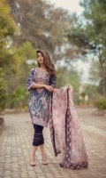 Front: 1.20m Digital Printed Lawn ,  Back : 1.20m Digital Printed Lawn  Sleeves: 0.6m Digital Printed Lawn  Pants: 2.5m Dyed Cambric Dupatta: 2.5m Tissue Silk Digital Printed  Embroidries: Neckline