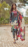 Front: 1.20m Digital Printed Lawn ,  Back : 1.20m Digital Printed Lawn  Sleeves: 0.6m Digital printed Lawn Pants: 2.5m Dyed Cambric  Dupatta: 2.5m Crinkle Chiffon Digital Printed  Embroidries: Neckline Trouser Patti