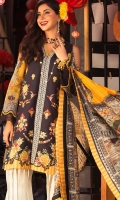 Front: Embroidered cross stitch lawn Back : Digital printed lawn Sleeves: Digital printed lawn Pants: Printed cambric  Dupatta: Digital printed tissue silk  Embroideries: 1)Embroidered cutwork patti for front 2)Embroidered patti for front
