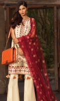 Front: Embroidered lawn Back : Embroidered lawn  Sleeves: Embroidered lawn Pants: Dyed cambric  Dupatta: Embroidered net Embroideries: 1)Border for front 2)Border for sleeves 03) border for dupatta