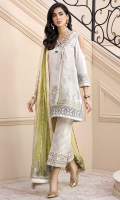 Front: Embroidered Jacquard Lorex Back: Dyed Lawn Sleeves: Dyed Jacquard Lorex Pants: Printed Cambric Dupatta: Embroidered Net Embroideries: 1) Neckline 2) Ghera Border 3) Laser Border 4) Sleeves Border 5) Extra Side Panels 6) Borders for Dupatta