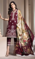 Front: Embroidered Jacquard Back: Dyed Jacquard Sleeves: Embroidered Jacquard Pants: Printed Cambric Dupatta: Digital Printed Silk Embroideries: 1) Front Border 2) Front Border 3) Neckline