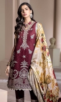 Front: Embroidered Jacquard Back: Dyed Jacquard Sleeves: Embroidered Jacquard Pants: Printed Cambric Dupatta: Digital Printed Silk Embroideries: 1) Front Border 2) Front Border 3) Neckline