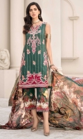 Front: Embroidered Jacquard Back: Digital Printed Lawn Sleeves: Digital Printed Lawn Pants: Dyed Cambric Dupatta: Digital Printed Silk Embroideries: 1) Front Ghera Border 2) Neckline