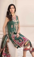 Front: Embroidered Jacquard Back: Digital Printed Lawn Sleeves: Digital Printed Lawn Pants: Dyed Cambric Dupatta: Digital Printed Silk Embroideries: 1) Front Ghera Border 2) Neckline