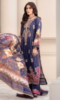 Front: Embroidered Jacquard Back: Digital Printed Lawn Sleeves: Digital Printed Lawn Pants: Dyed Cambric Dupatta: Digital Printed Silk Embroideries: 1) Front Ghera Border 2) Neckline