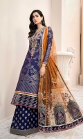 Front: Dyed Jacquard Back: Dyed Jacquard Sleeves: Dyed Jacquard Pants: Printed Cambric Dupatta: Embroidered Net Embroideries: 1) Neckline 2) Patches for Dupatta (6) 3) Border for Dupatta