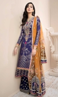 Front: Dyed Jacquard Back: Dyed Jacquard Sleeves: Dyed Jacquard Pants: Printed Cambric Dupatta: Embroidered Net Embroideries: 1) Neckline 2) Patches for Dupatta (6) 3) Border for Dupatta